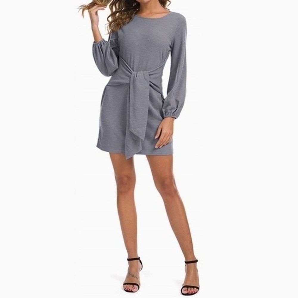 R Vivimos Gray Elegant Boho Vintage Tie Waist Mini Club Evening Party Dress M